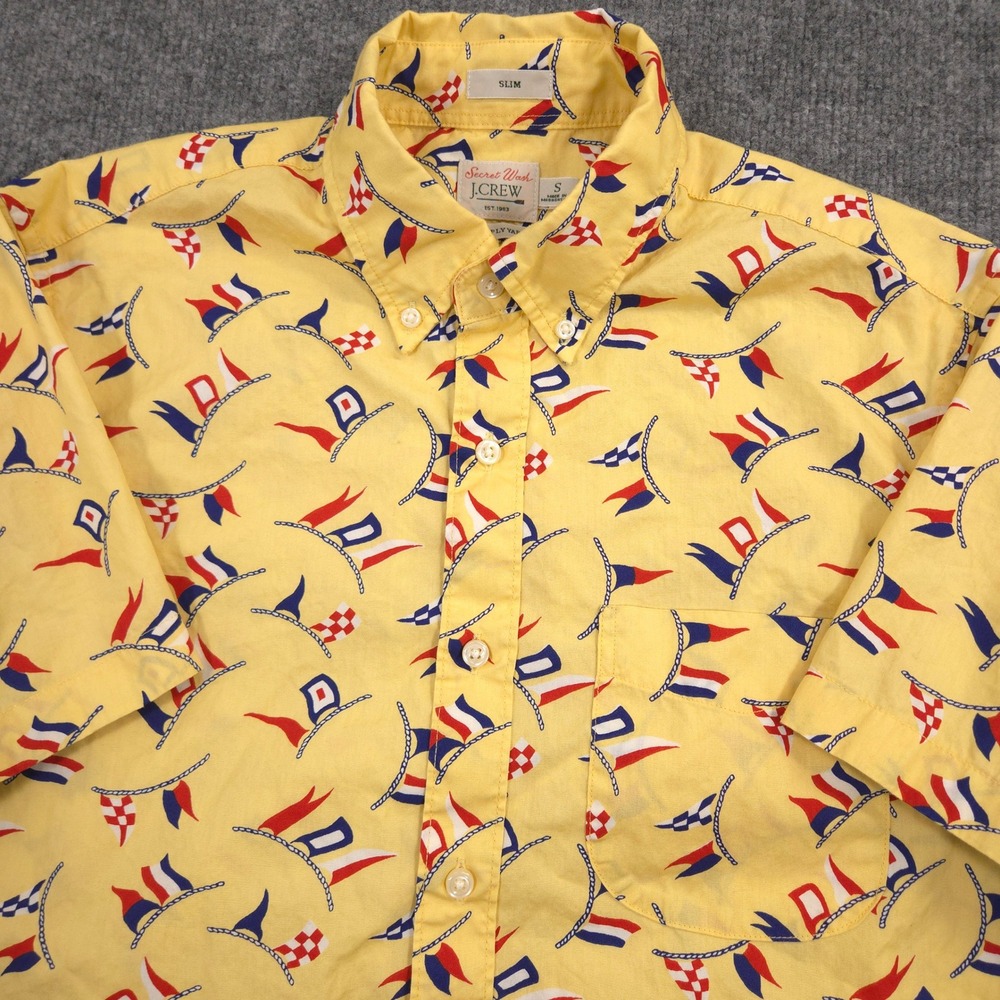 J Crew Shirt Mens S Yellow Nautical Flag AOP Secret Wash Slim Fit Short Sleeve - Picture 1 of 9